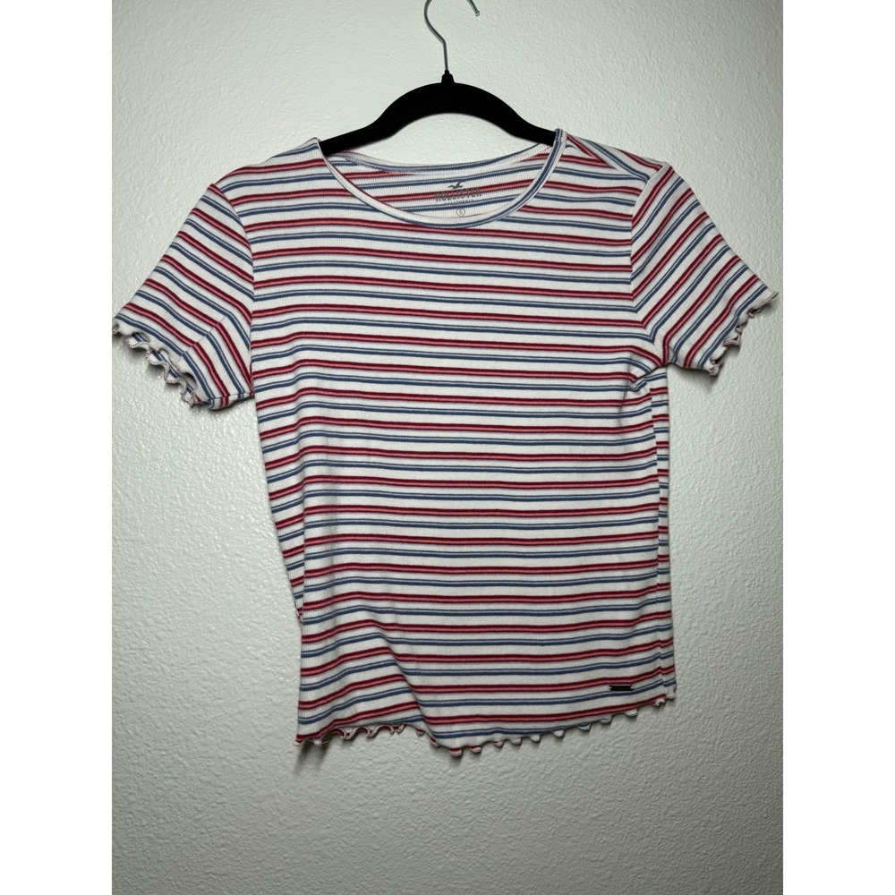 Hollister Womens Striped Ribbed Baby Tee Red White Blue Lettuce Edge Small